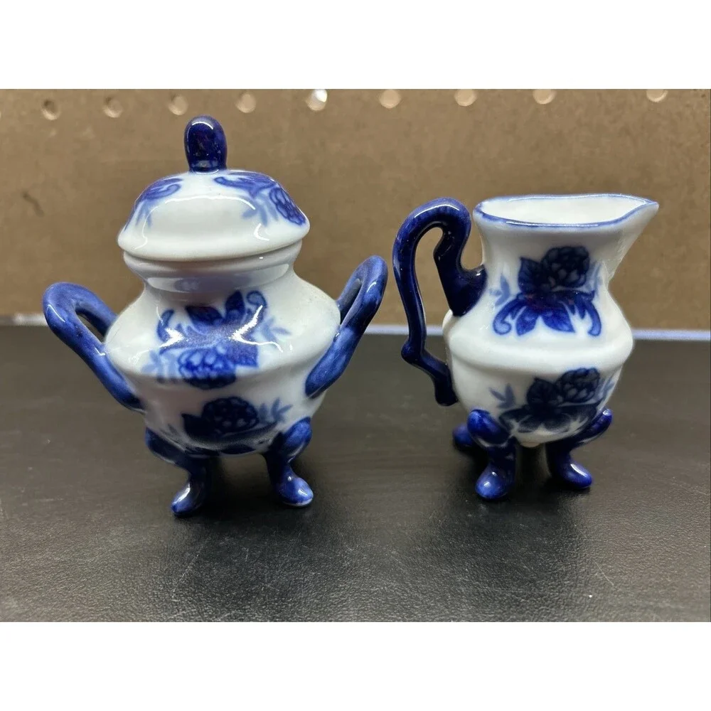 Miniature Blue & White Chinoiserie Porcelain Tea Set w/ Platter